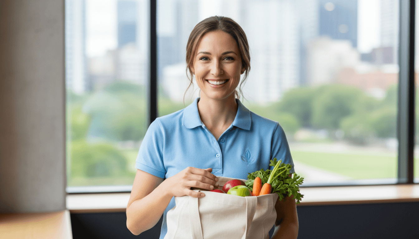 Female team member holding reusable grocery bag