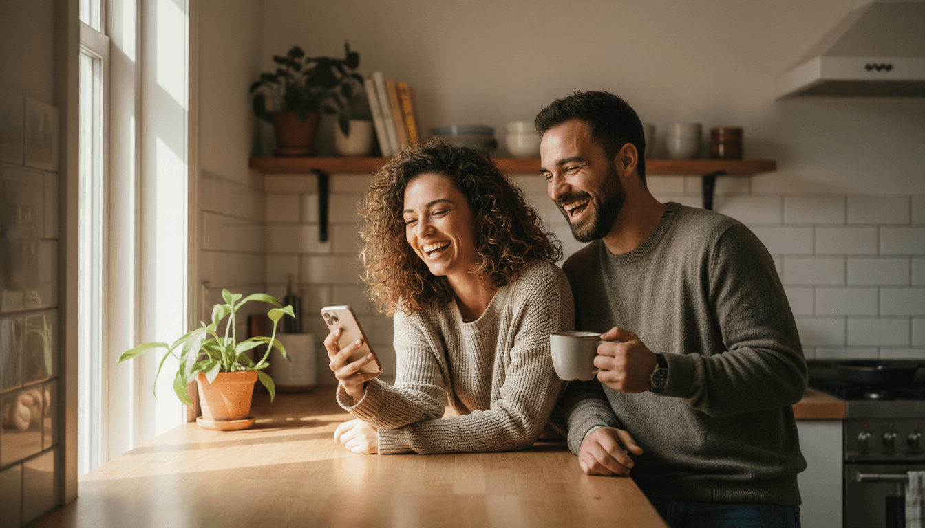 Two friends sharing a laugh over coffee, one holding a phone offering a referral.