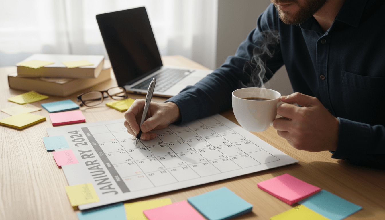 Person writing on a calendar with coffee cup and scattered sticky notes on a desk