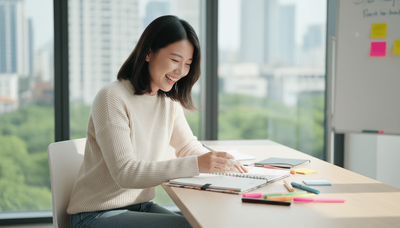 Female team member reviewing a planner