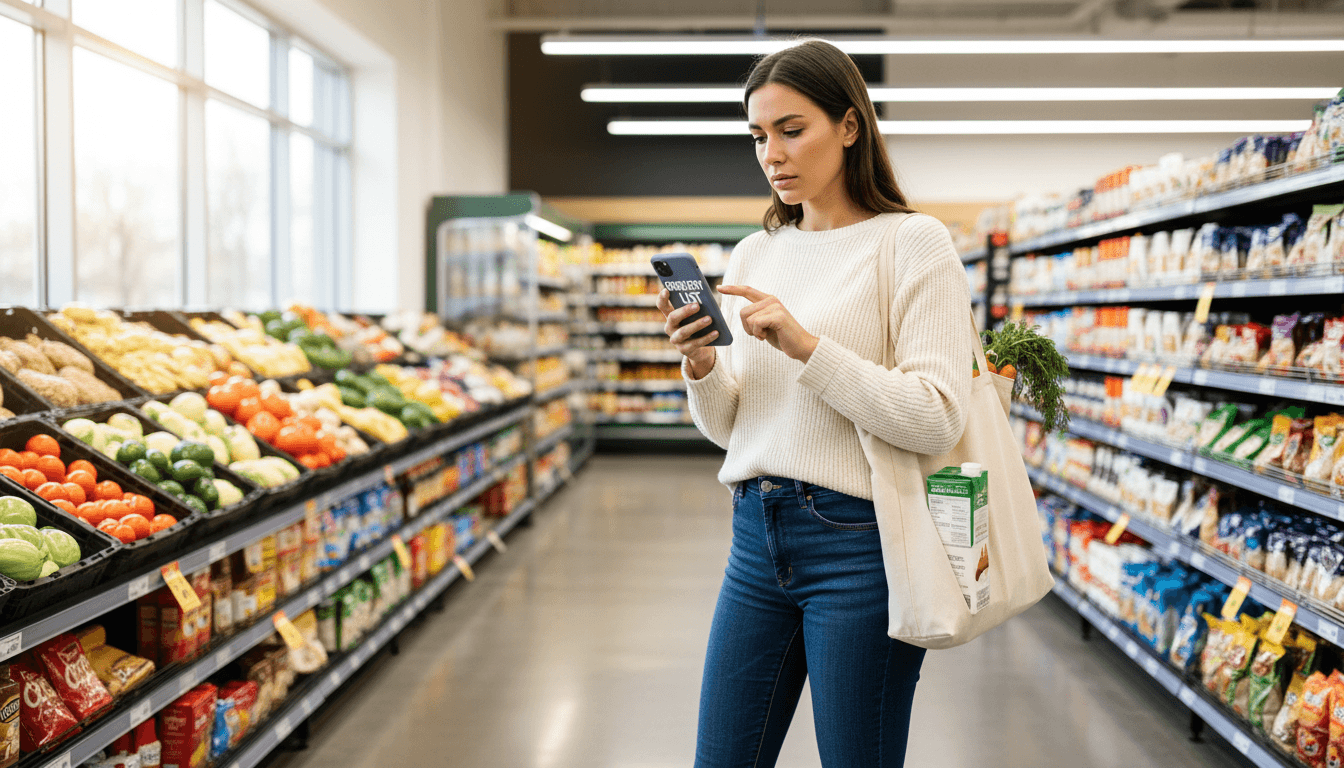 Woman checking grocery list on her phone while shopping