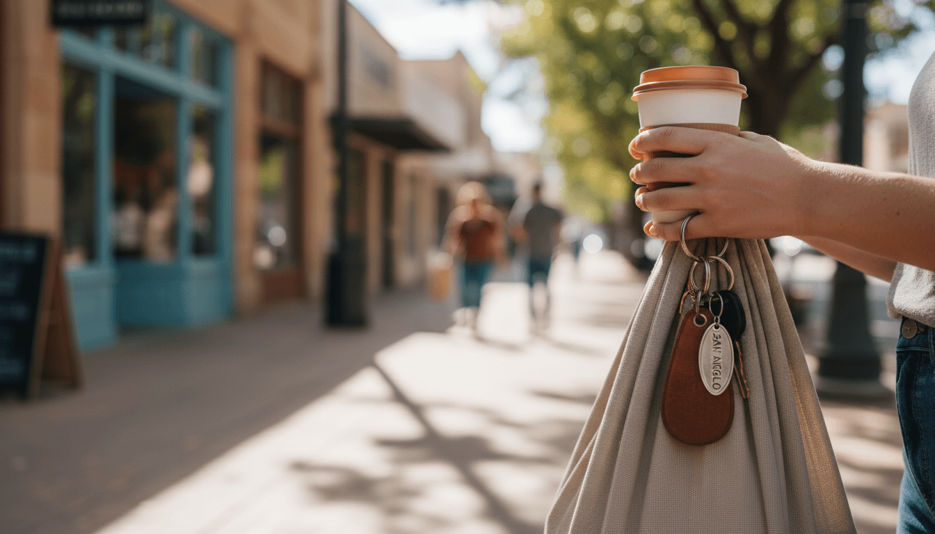 A warm, candid documentary-style medium shot of a woman in her early 30s, Hispanic, looking at a smartphone while standing inside a sunny grocery store aisle.
