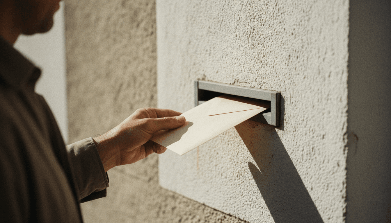 Hand placing an envelope into a mail slot