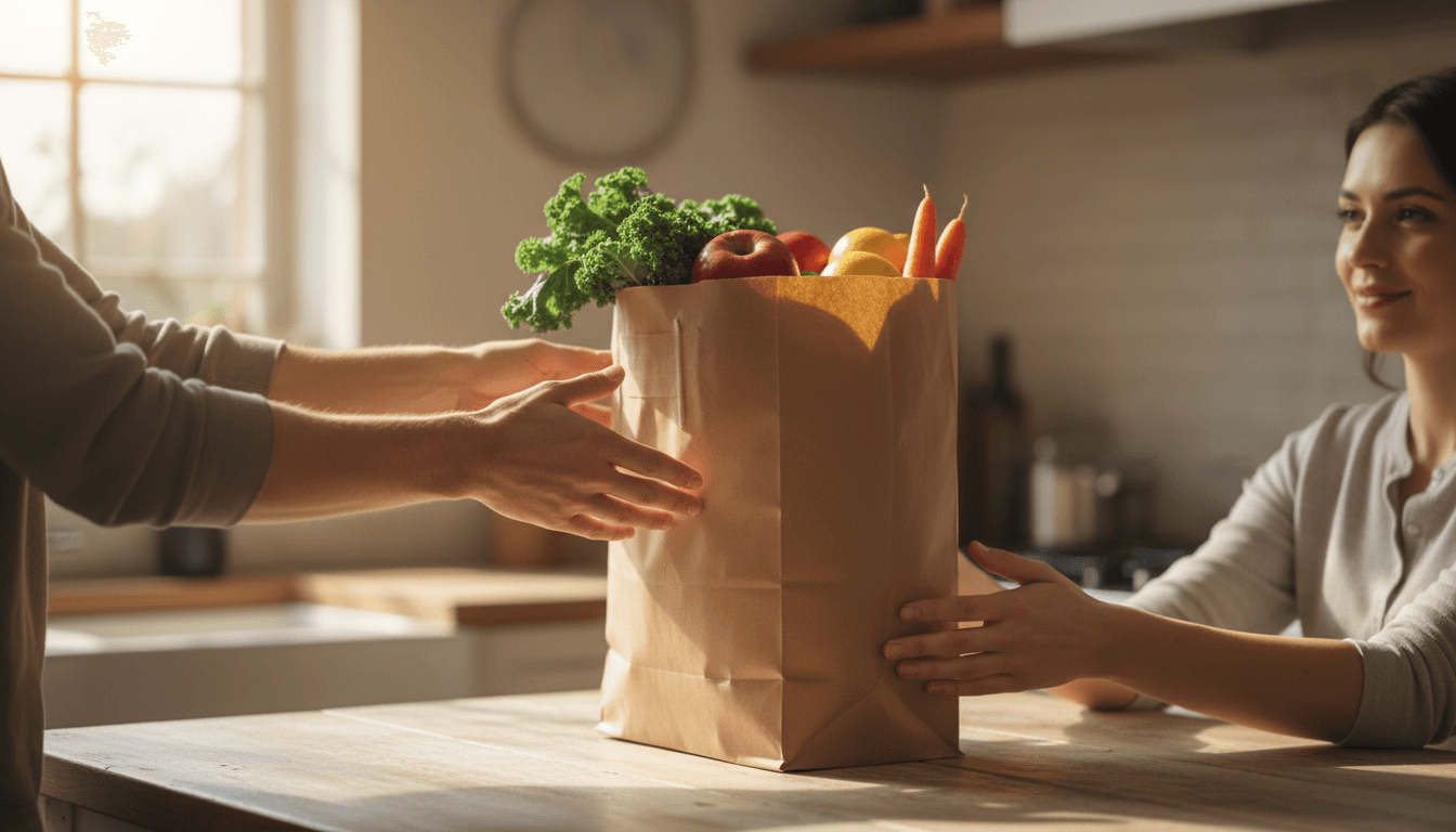 Hands handing over a grocery bag at a kitchen counter