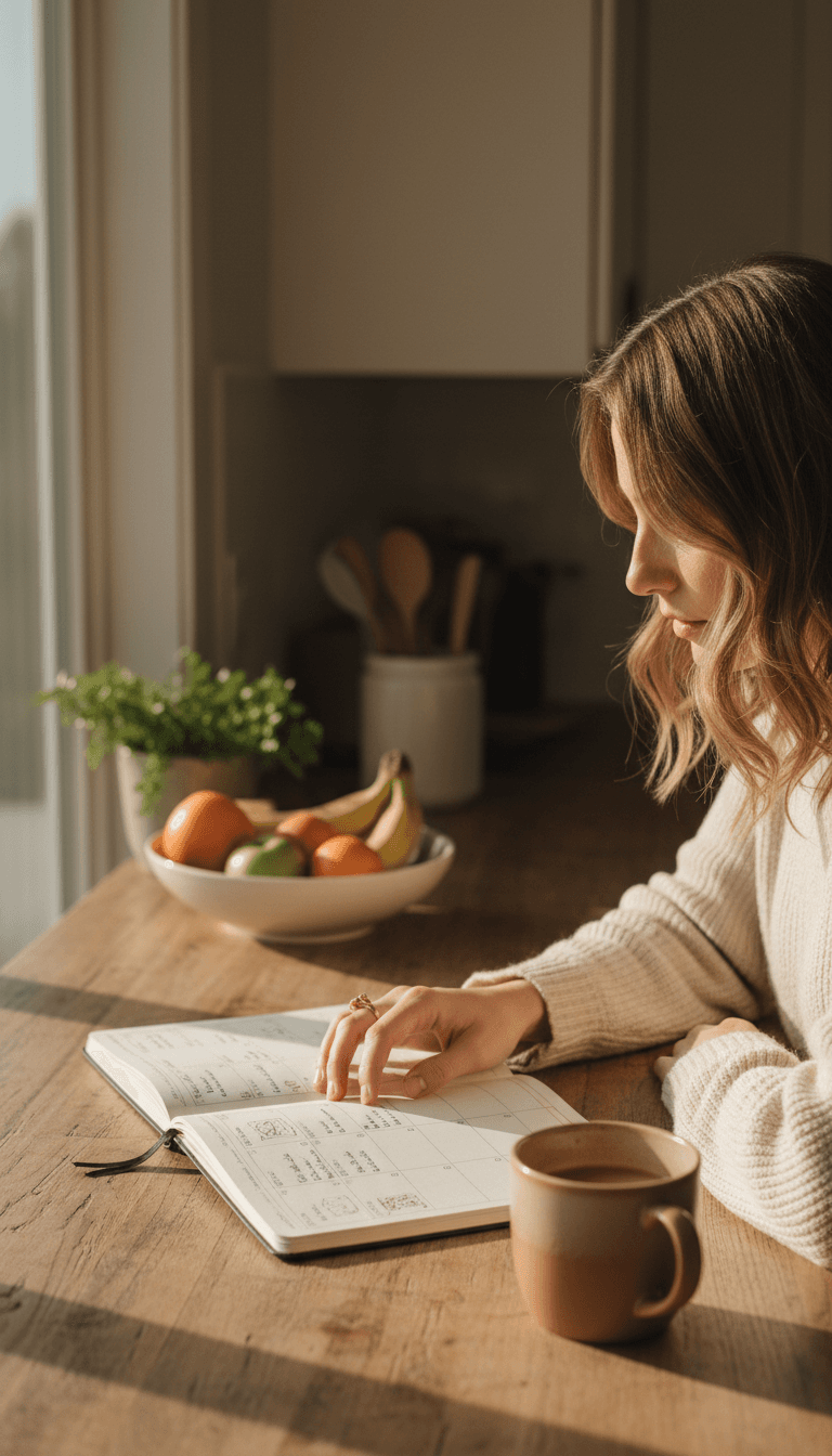 Open planner on a kitchen table next to a coffee mug in soft morning light
