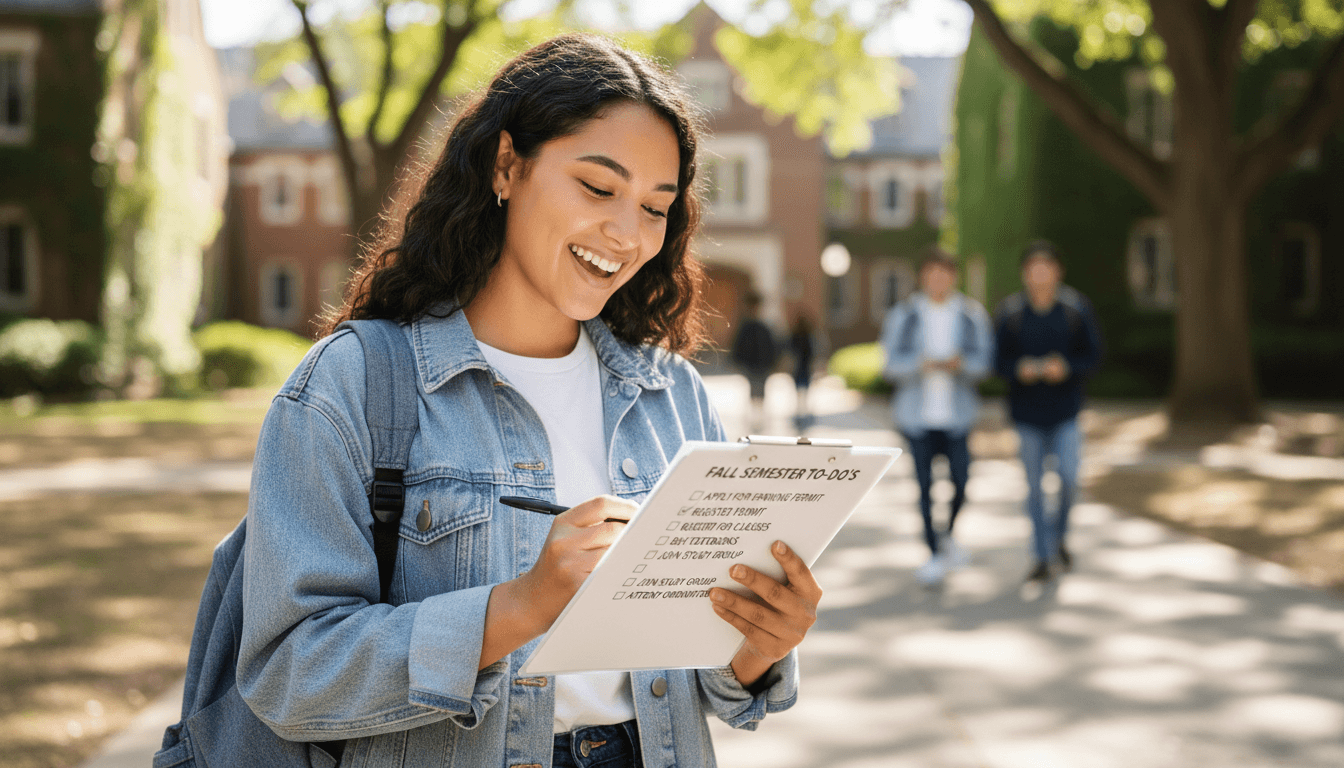 Female college student smiling while checking a list