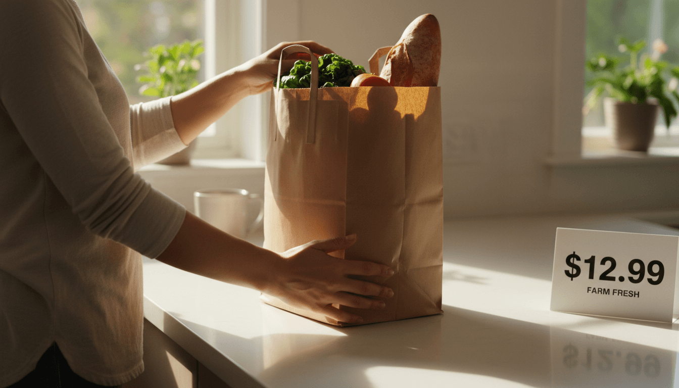 Grocery bags placed on a kitchen counter with a clean, uncluttered look
