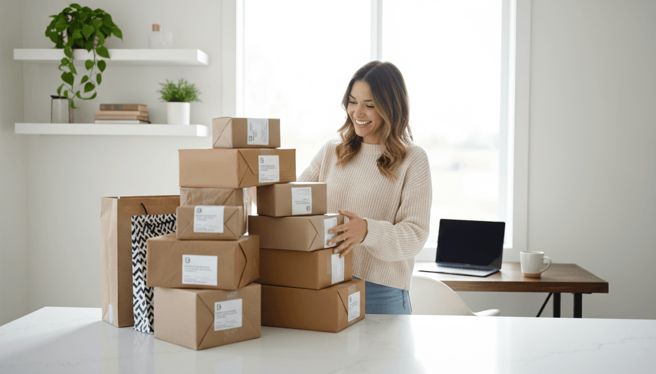 Woman organizing packages in a bright home office setting