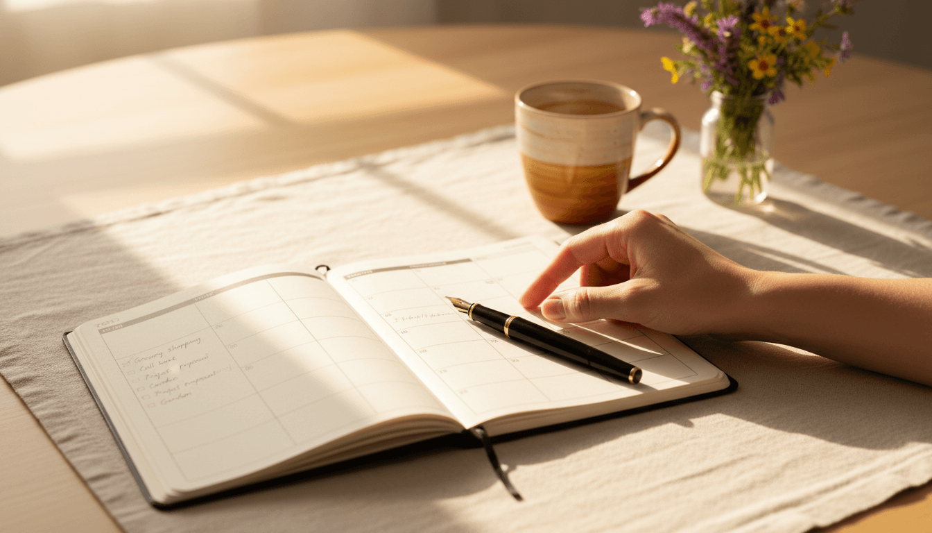Open planner on a table with a woman's hand nearing a checkbox, morning light filtering in