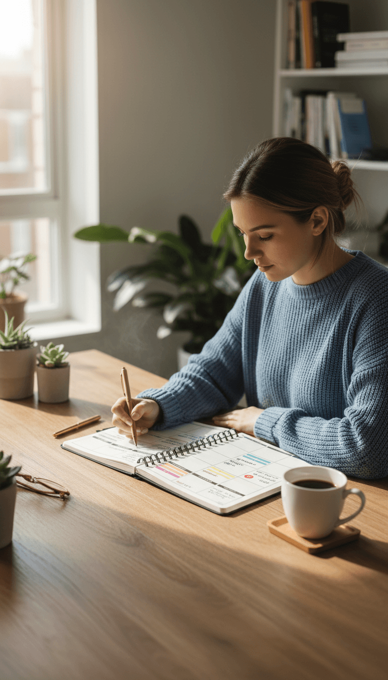 Organized weekly planner on wooden table with coffee