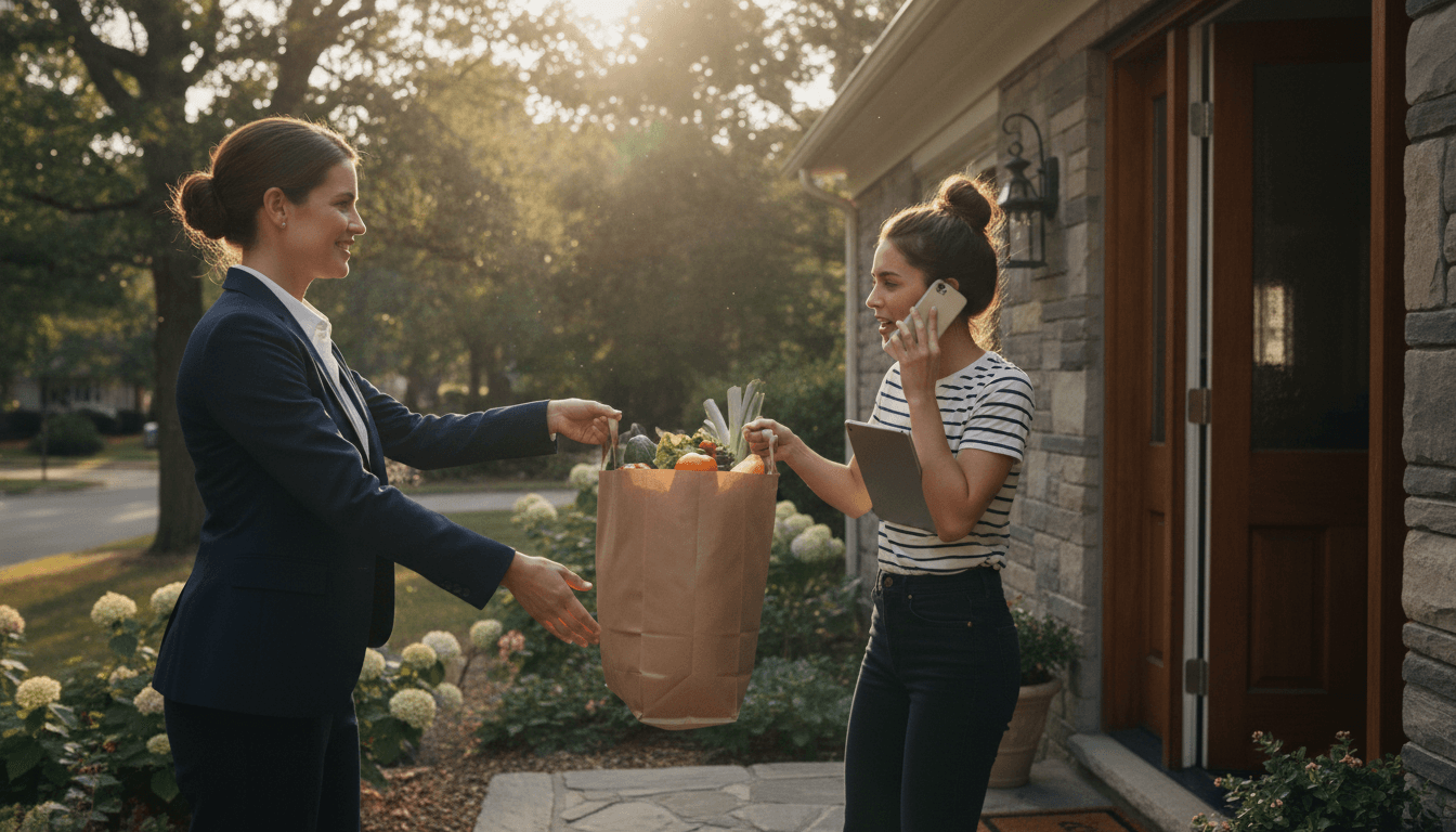 Busy professional receiving groceries from a friendly assistant at home