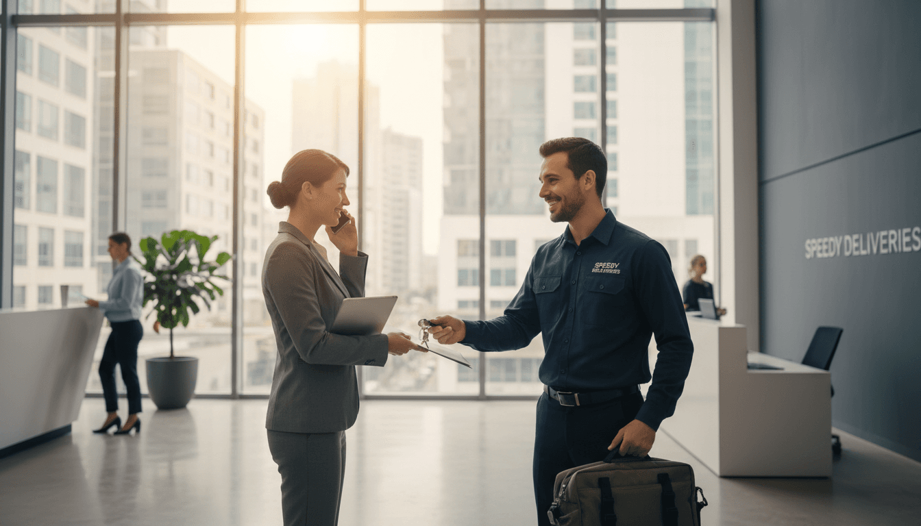 A friendly courier receiving items from a busy professional in a bright office lobby