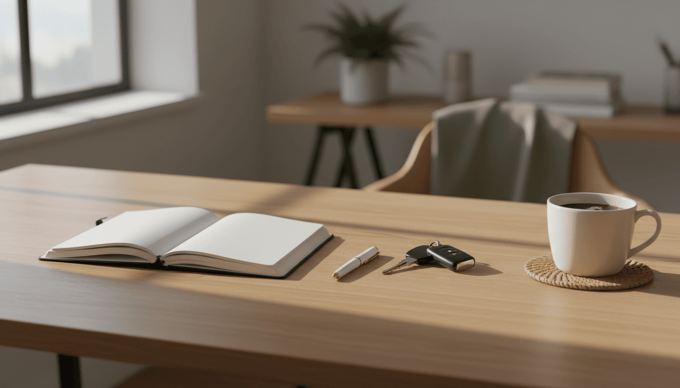 A neat desk with a planner, keys, and coffee set up for a productive day