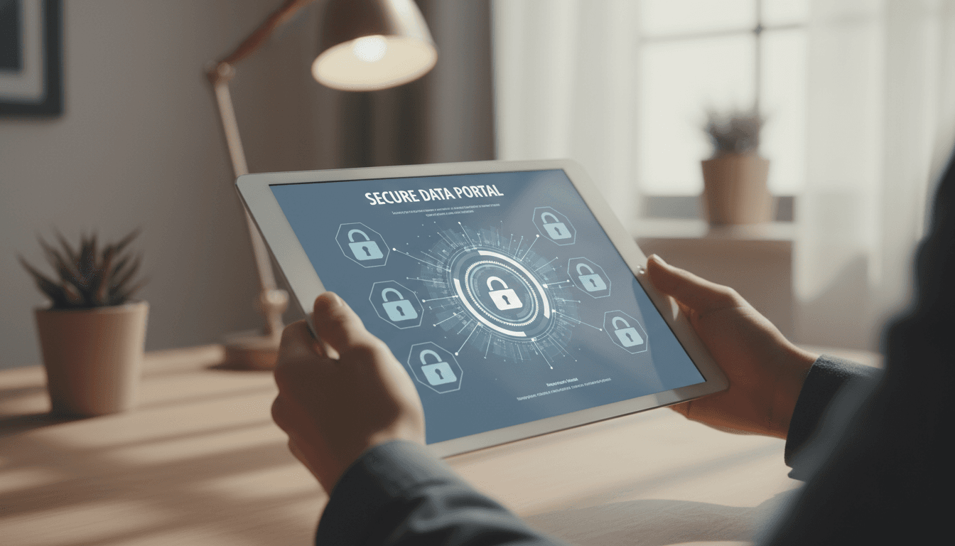 Secure tablet interface displaying privacy and data protection information