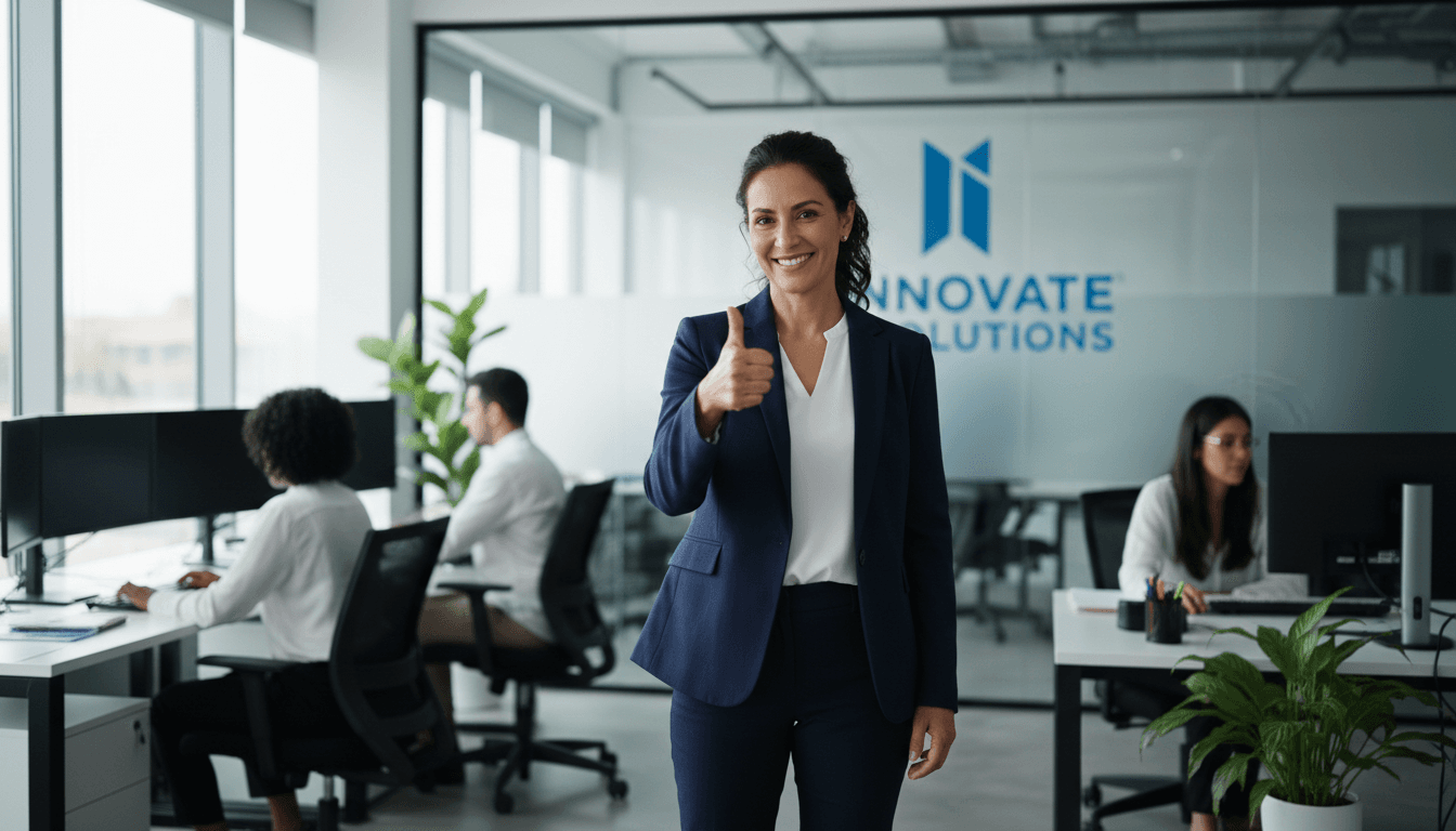 Female team leader giving a thumbs up in bright office