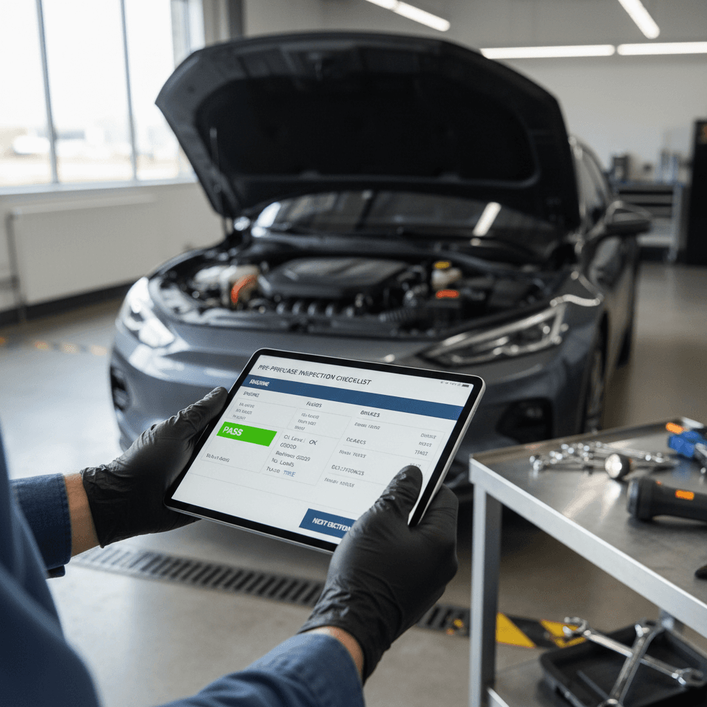 Certified inspector examining engine with digital tablet showing checklist in professional automotive service bay