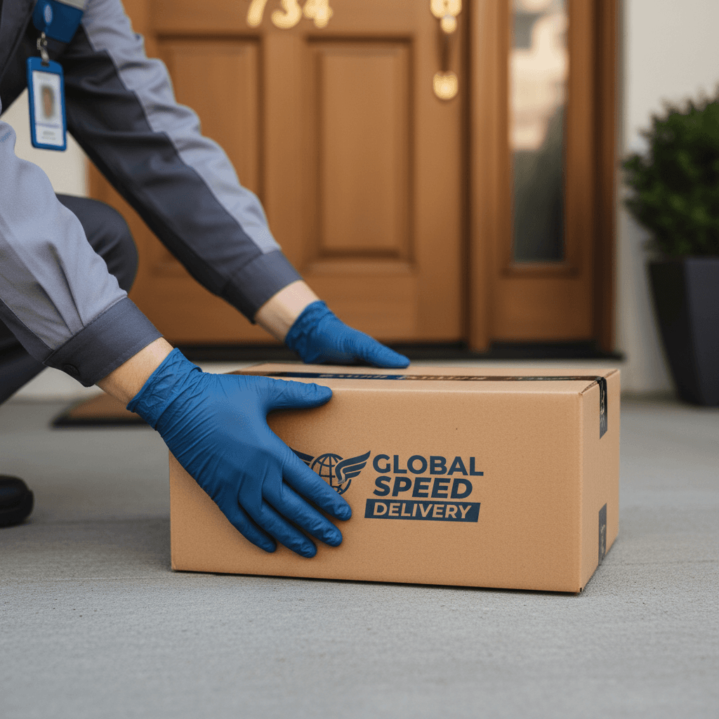 Delivery driver carefully placing package on residential doorstep in afternoon sunlight