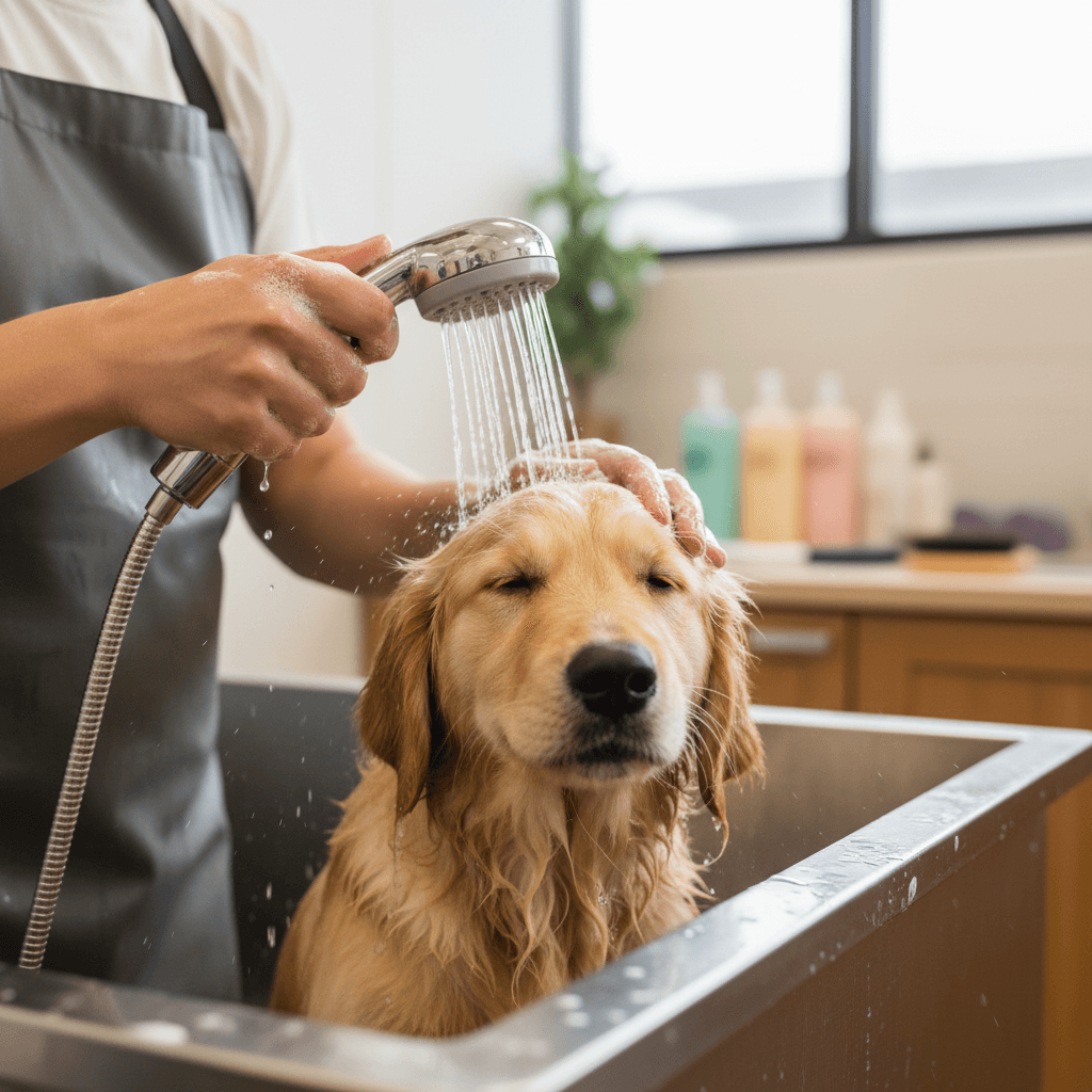 Professional groomer's hands gently bathing a golden retriever puppy with warm water and shampoo in a grooming tub