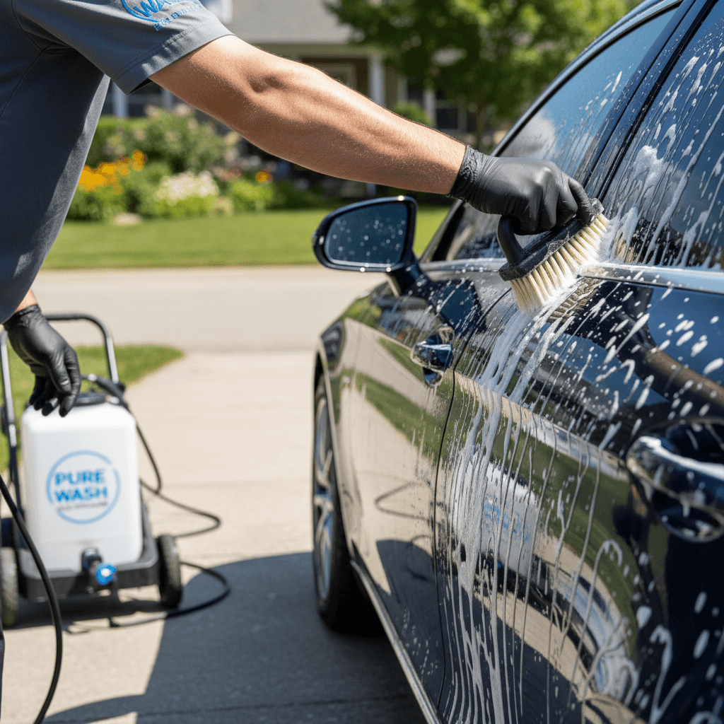 Technician applying eco-friendly cleaning solution to vehicle side panel during mobile car wash service at residential home