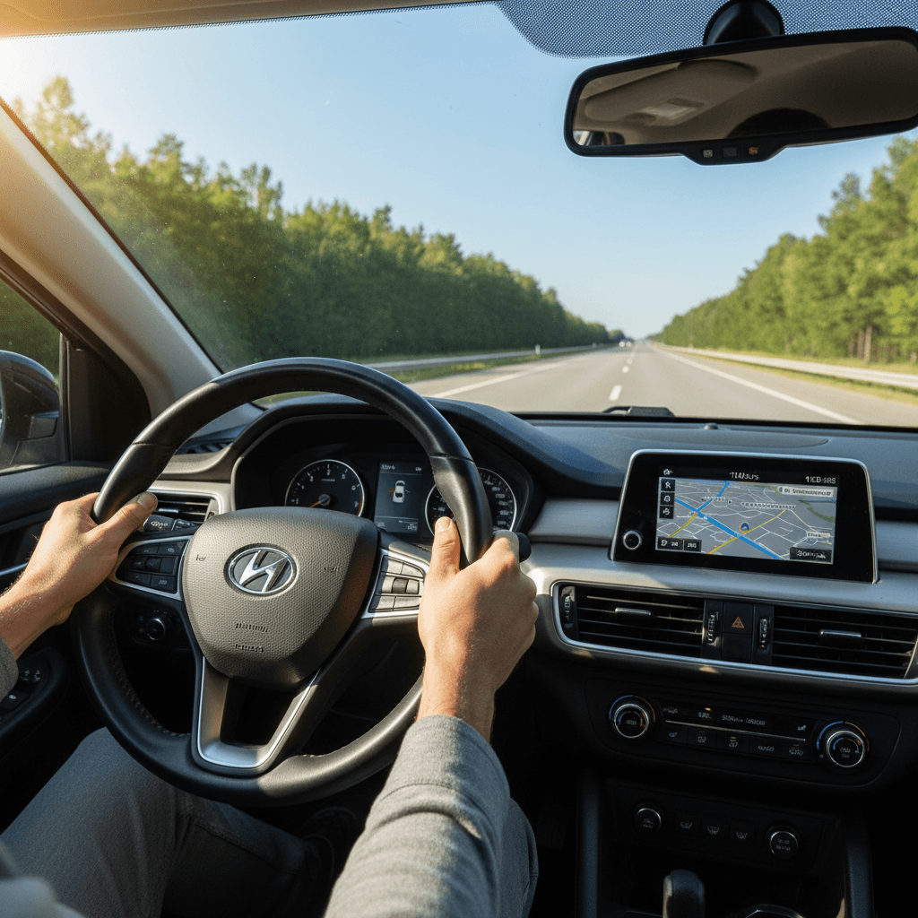 Professional driver's hands confidently gripping steering wheel with modern dashboard and clear highway view ahead