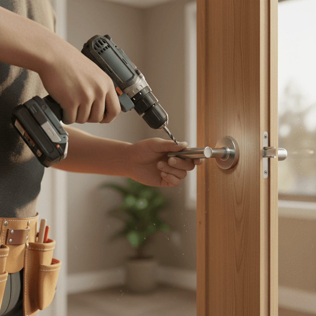 Skilled handyman's hands installing door handle using power drill on wooden residential door with natural light
