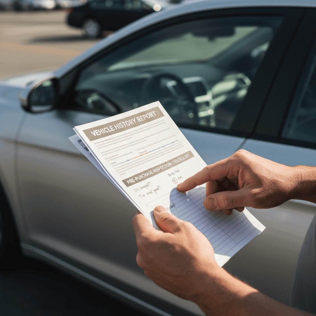 Hands holding printed vehicle history report and inspection notes next to parked used car in natural daylight