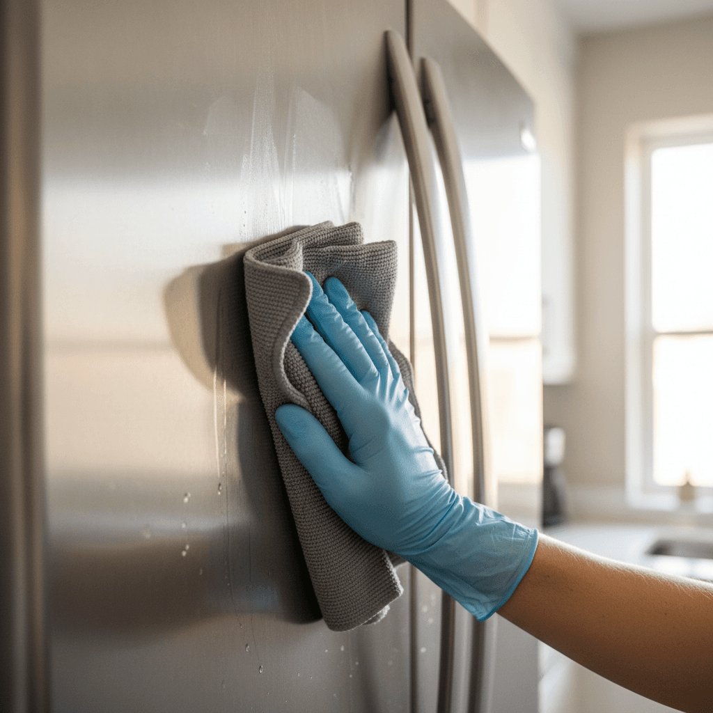 Gloved hands wiping stainless steel refrigerator with microfiber cloth in bright kitchen